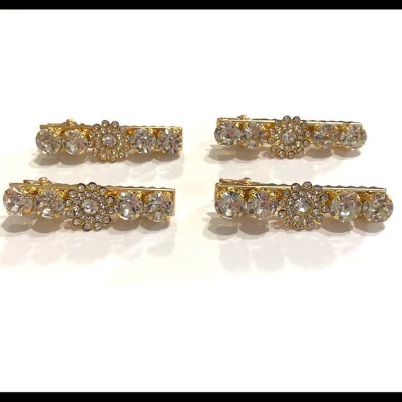 Set Of 4 Rhinestone Hair Clips Barrettes Gold Tone Flower Updos - Picture 6 of 7